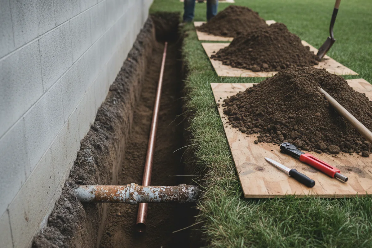Excavated water line trench during Water Heater Repair in Myersville
